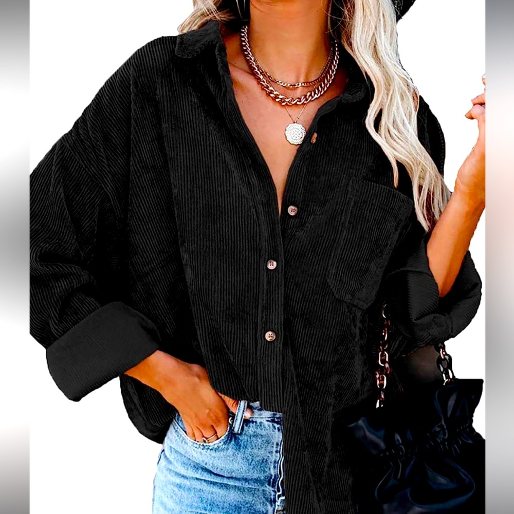 Black Corduroy Long Sleeve Oversized Shacket